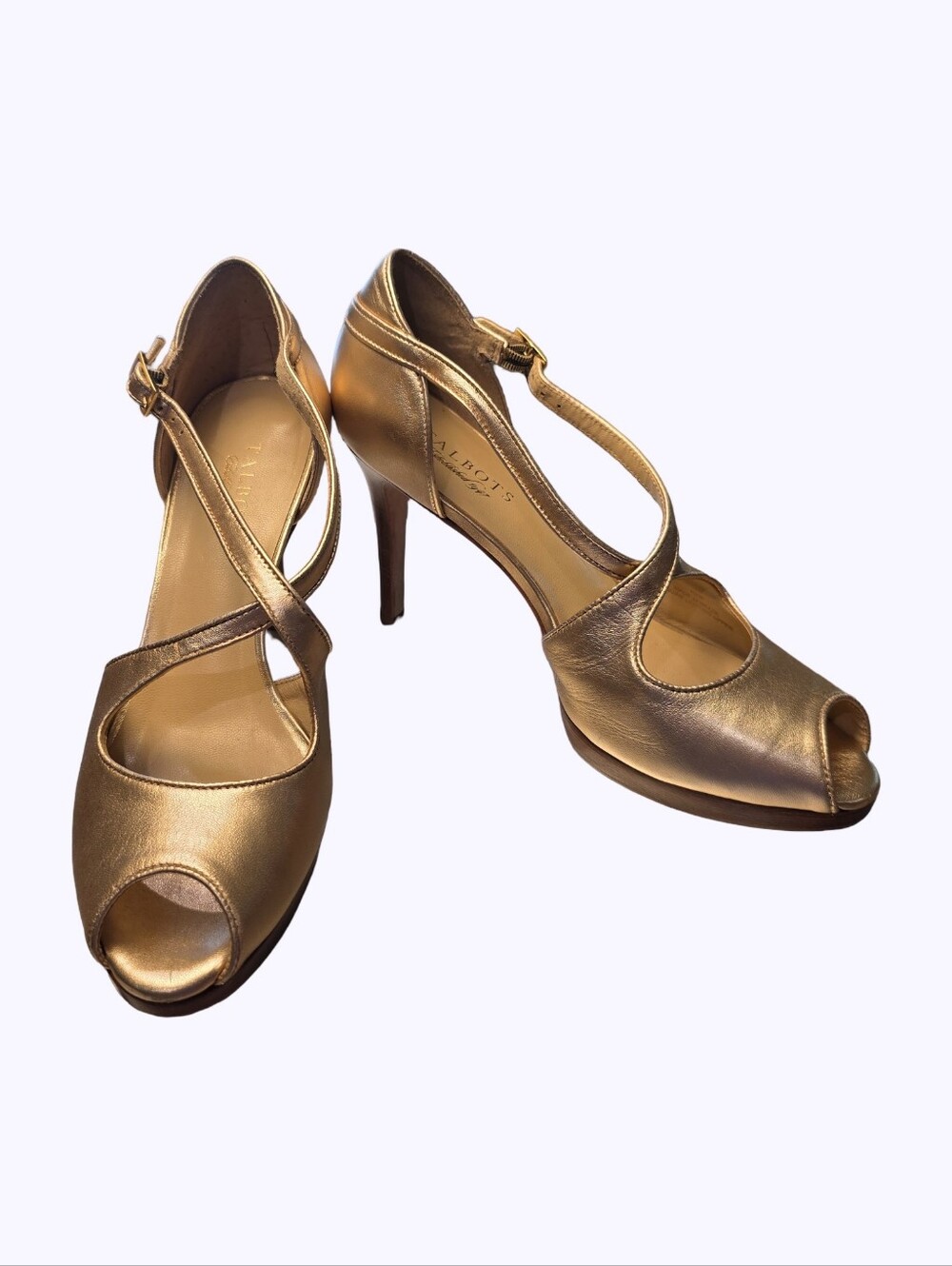 Talbots Metallic Gold Peep-Toe Cross-Strap Heels
